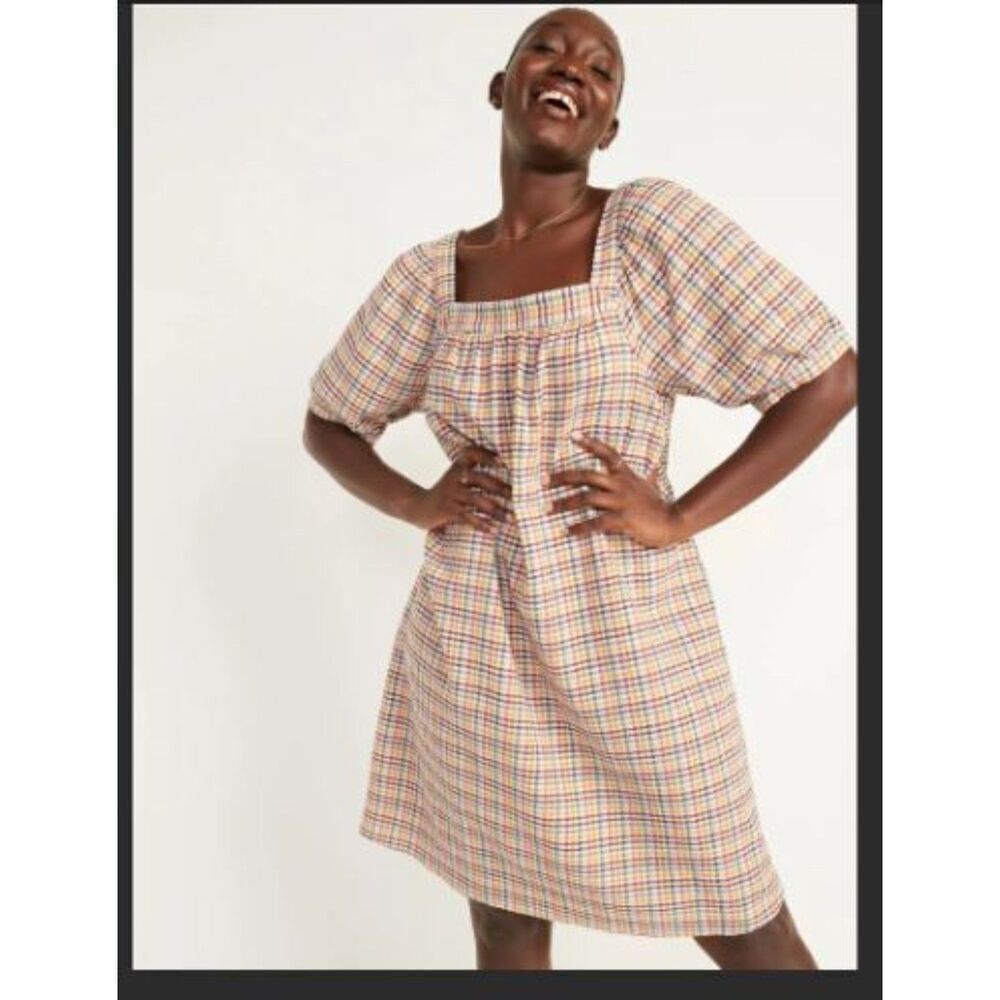 Old Navy Multicolor Plaid Dobby Gingham Puff Sleeve Textured Swing Dress - Picture 2 of 11